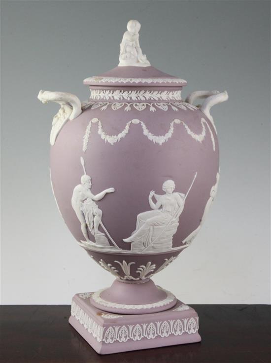 A Wedgwood lilac jasper twin handled vase and cover, early 20th century, 33cm